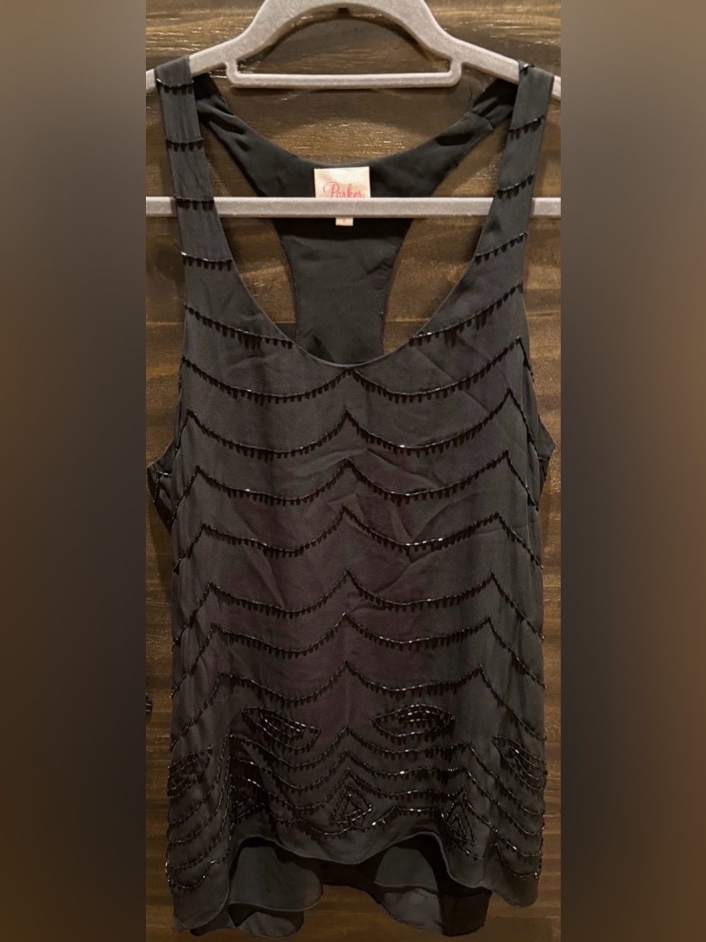 PARKER Silk Beaded Racerback Tank Top Black Size S